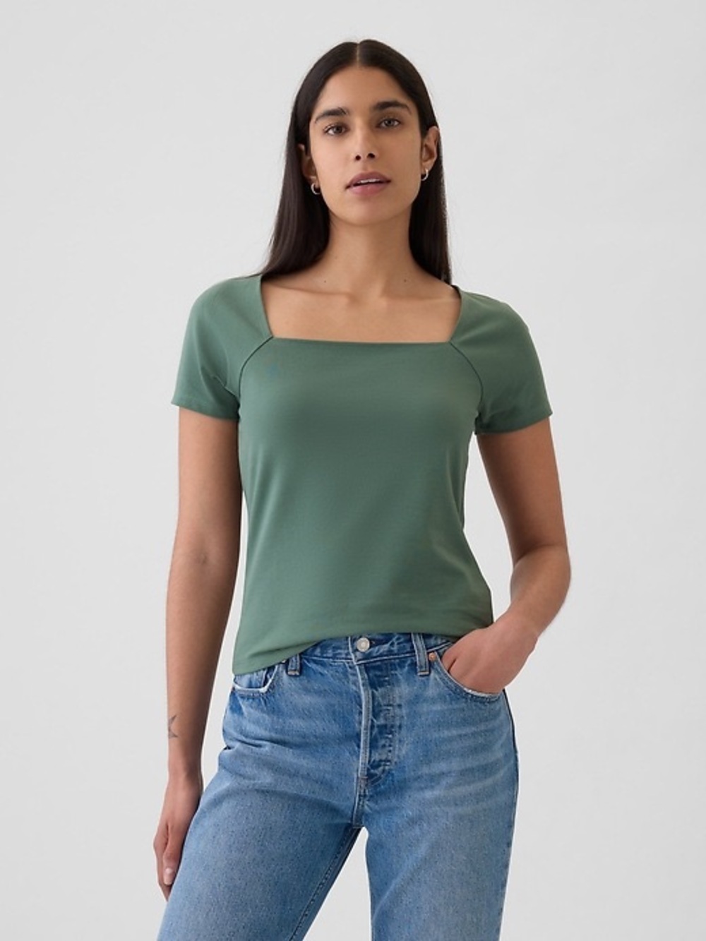 Square Neck Short Sleeve Top in Sage Green from Gap size L